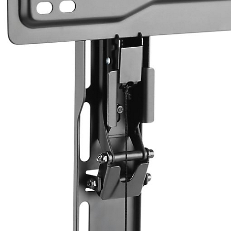 Detailaufnahme einer schwarzen TV-Halterung, mit Metall- und Schraubendetails.