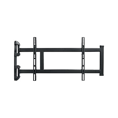 Schwarze TV-Wandhalterung, drehbar und schwenkbar. Sie besteht aus mehreren Metallteilen und hat eine rechteckige Form.