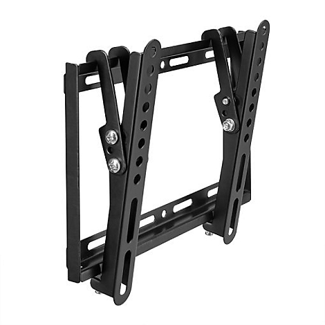 Schwarze TV-Wandhalterung, Metall, Schrauben und Löcher.