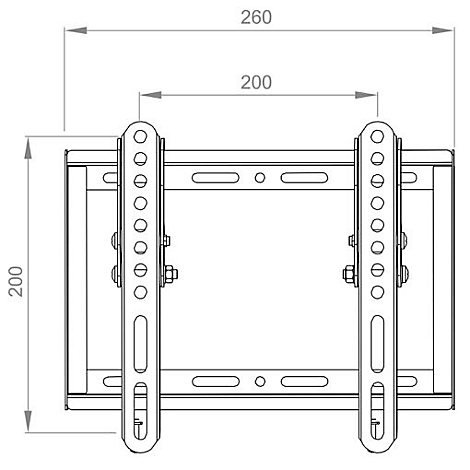Draufsicht einer TV-Wandhalterung mit Maßangaben. Schwarze Linien zeigen die Abmessungen: 260 mm breit, 200 mm hoch und 200 mm zwischen den Befestigungen.