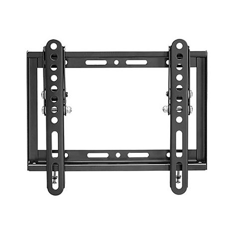 Schwarze TV-Wandhalterung, Metallkonstruktion, rechteckige Form mit Schrauben und Löchern.