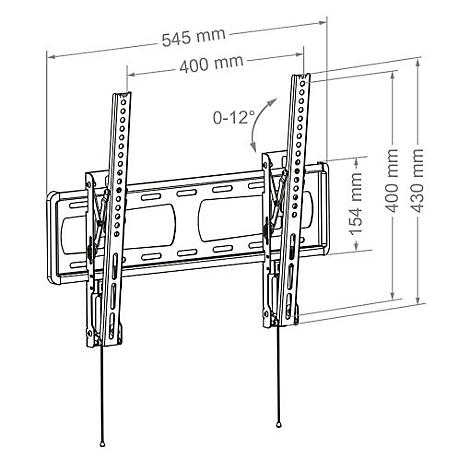 Dessin noir et blanc d'un support mural pour téléviseur avec dimensions. Angle réglable de 0 à 12 degrés.