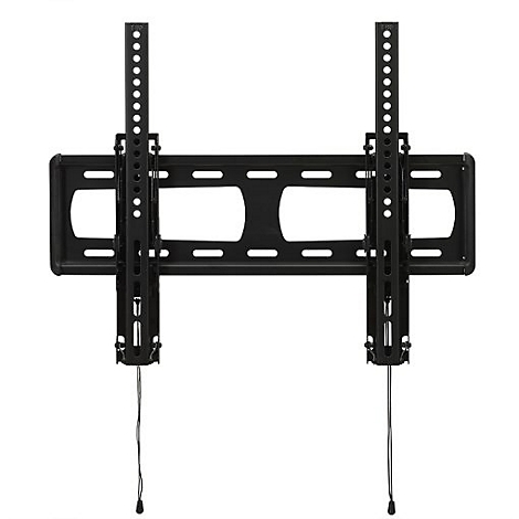 Schwarze TV-Wandhalterung, Frontansicht, vor weißem Hintergrund. Mit vertikalen Halterungen und langen Drähten.