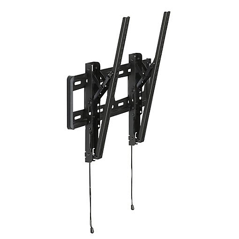 Schwarze TV-Wandhalterung, vor weißem Hintergrund. Zwei Kabel hängen an der Halterung herunter.