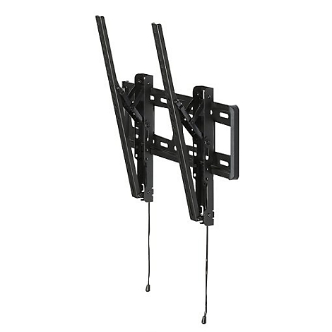 Schwarze TV-Wandhalterung, Frontansicht, vor weißem Hintergrund. Zwei Kabel mit Knöpfen hängen herab.