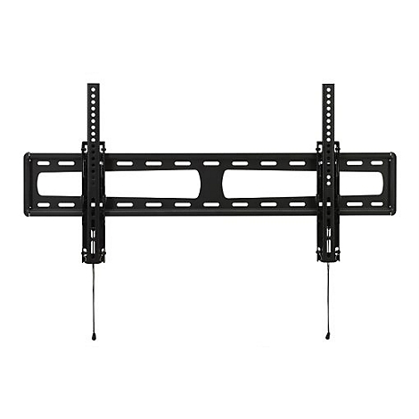 Schwarze TV-Wandhalterung, horizontales Gestell mit Halterungen, Seilen und Schrauben.