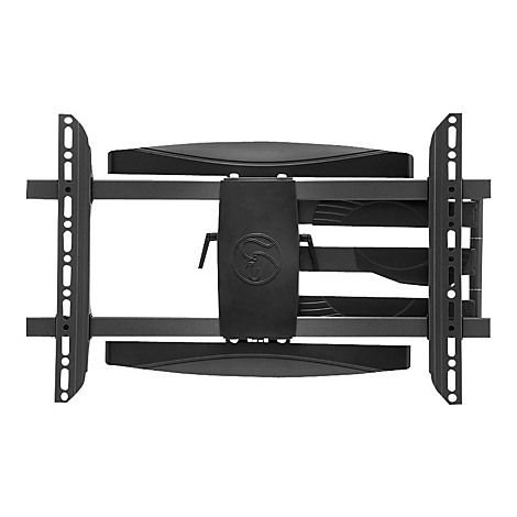 Schwarze TV-Wandhalterung, Frontansicht. Metall, mit Schraubenlöchern und Logo.