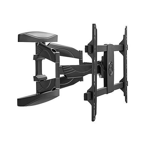 Schwarze TV-Wandhalterung, ausziehbar mit mehreren Gelenken. Vor weißem Hintergrund, von links unten bis rechts oben diagonal dargestellt.