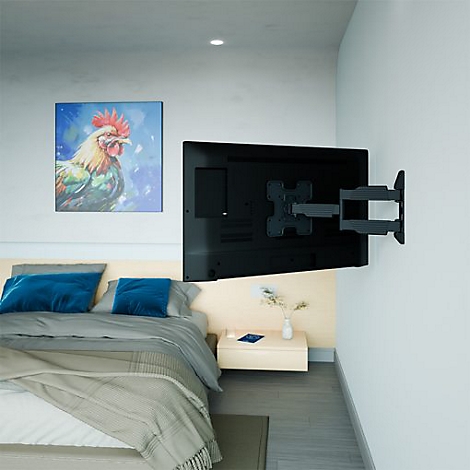 Ein montierter Fernseher an einer Wand über einem Bett. Im Hintergrund ein Kunstwerk mit einem Hahn.