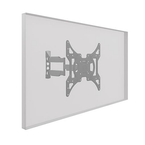 Ein grauer TV-Wandhalter, der leicht versetzt auf einer weißen Fläche montiert ist.