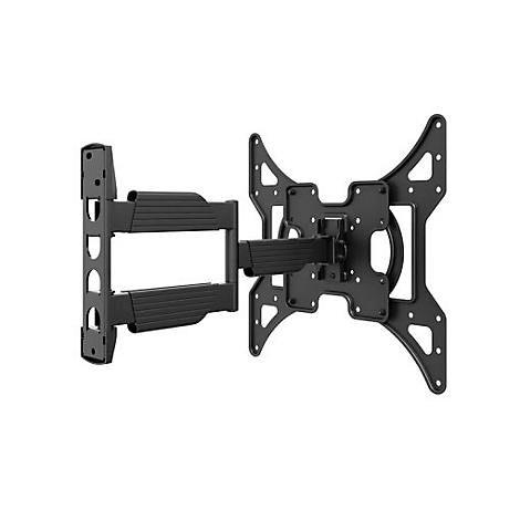 Schwarze TV-Wandhalterung mit Schwenkarm. Die Halterung zeigt mehrere Löcher und Gelenke.