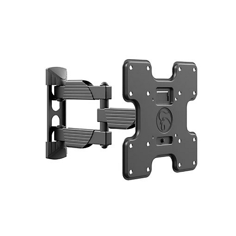 Schwarze TV-Wandhalterung, drehbar und schwenkbar, mit Schraublöchern auf weißem Hintergrund.