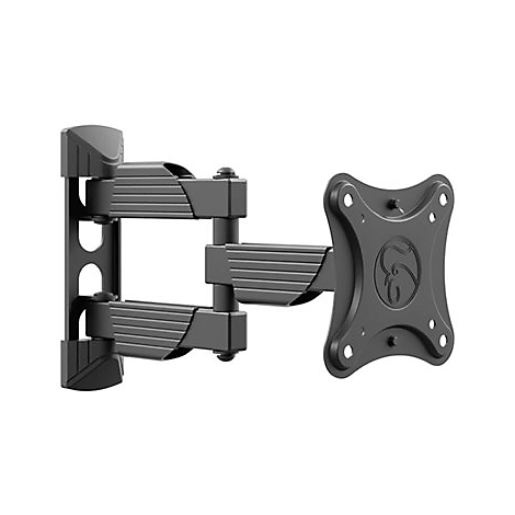 Schwarze TV-Wandhalterung, drehbar und ausziehbar. Montiert an einer Wand mit Löchern für die Schrauben.