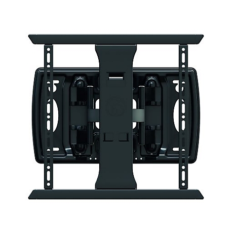 Schwarze TV-Wandhalterung, Draufsicht. Bestehend aus zwei horizontalen und vertikalen Metallrahmen, die mit Schrauben und Halterungen verbunden sind.