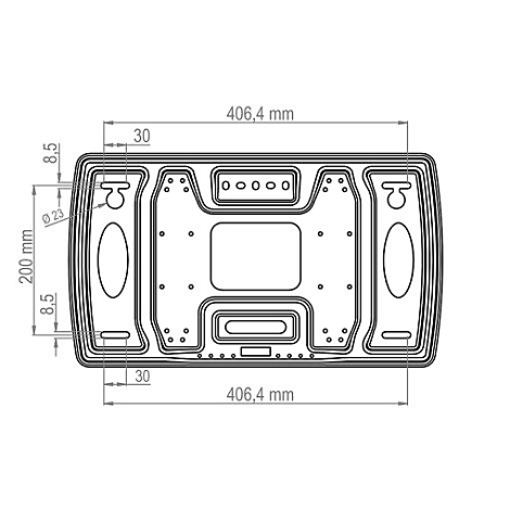Detaillierte Draufsicht auf ein rechteckiges Produkt, mit Maßangaben. Es hat abgerundete Ecken, ovale Aussparungen und verschiedene Bohrungen.