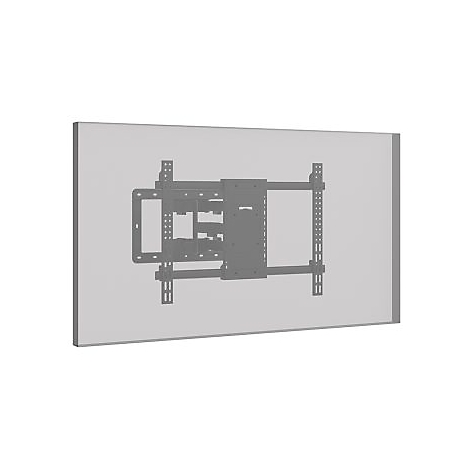 Eine graue TV-Wandhalterung, die an einer weißen Wand befestigt ist. Die Halterung hat eine komplexe Metallstruktur.