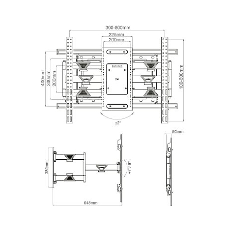 Technische Zeichnung einer TV-Halterung mit Maßangaben. Verschiedene Ansichten zeigen Abmessungen und Funktionen.
