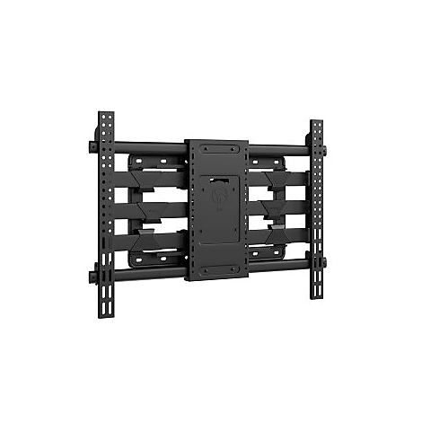 Schwarze TV-Wandhalterung, mit horizontalen und vertikalen Metallstreben. Auf weißem Hintergrund.