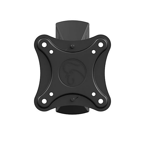 Schwarze Halterung für Monitor. Auf der rechteckigen Platte befinden sich Löcher für die Befestigung und ein Logo in der Mitte.