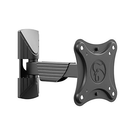 Schwarze TV-Wandhalterung. Das Produkt besteht aus mehreren Gelenken und einer Halterung mit abgerundeten Ecken und Löchern.