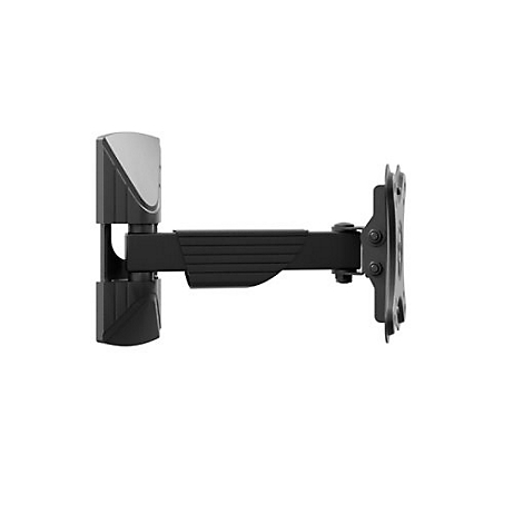 Schwarze TV-Wandhalterung, drehbar und schwenkbar. Auf hellen Hintergrund.