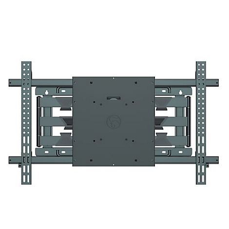 Support mural TV gris foncé. Plaque principale, bras et supports sont visibles. Supports avec trous pour montage mural.