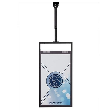 Schwarzes Deckenplakat mit Logo. Hängendes Werbeplakat mit schwarzem Rahmen, Halterung und weißem Hintergrund. Logo mit Schriftzug www.hagor.de.