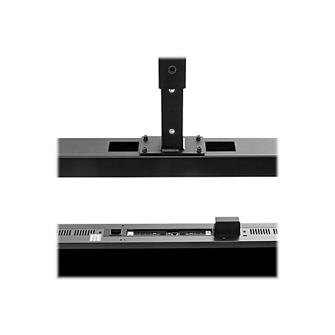 Nahaufnahme einer schwarzen Halterung für einen Monitor, Details von Anschlüssen.