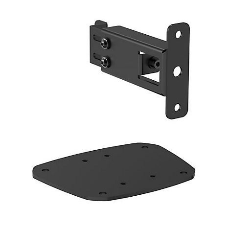 Schwarze Halterung mit Montageplatte. Oben eine Halterung mit Schrauben, unten eine rechteckige Platte mit Löchern.