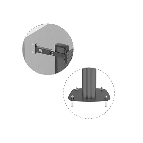Detailansicht eines schwarzen TV-Halters mit zwei kreisförmigen Hervorhebungen. Oben: Wandhalterung. Unten: Standfuß mit Schrauben.
