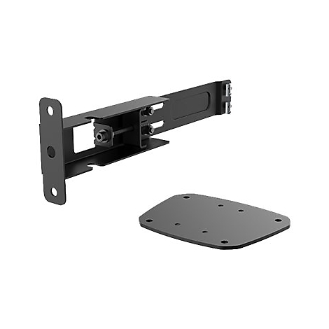 Schwarze Metallhalterung mit Platte, Schrauben und Löchern, vor weißem Hintergrund.