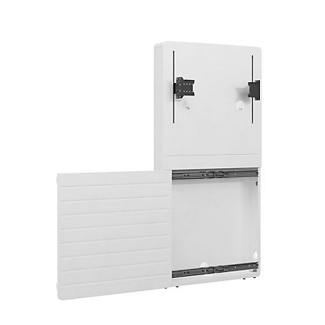 Weißes Wandmöbel mit Tür, Halterung für TV und Auszügen.