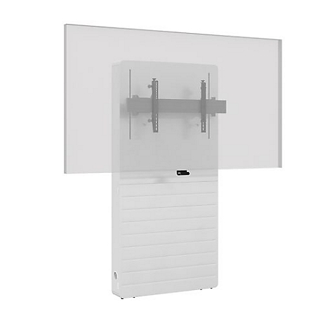 Ein weißer, vertikaler Schrank mit horizontalen Rillen, Halterung für Bildschirm, vor weißem Hintergrund. Darüber ein transparenter Bildschirm.