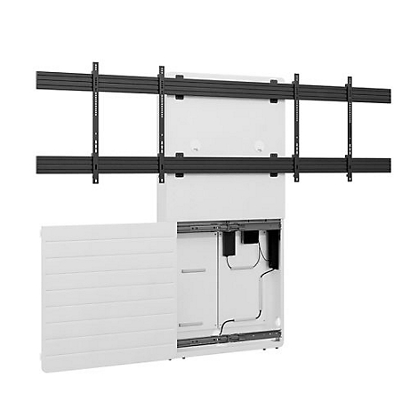 Ein weißes Fernsehschrank-System mit schwarzer Halterung und geöffneter Front.