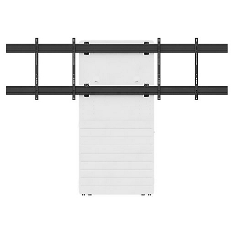 Rückansicht einer weißen, rechteckigen Tafel mit schwarzen Halterungen und Halterungen für eine Bildschirmmontage.