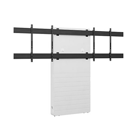 Wandhalterung für TV: Schwarze Halterung an weißem Gehäuse. Horizontale Halterungen, vertikale Halterungen, TV-Gehäuse mit Rillen.