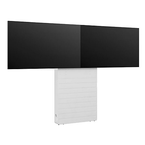 Großer, schwarzer Fernseher an der Wand, unterhalb davon eine weiße, geriffelte Säule.