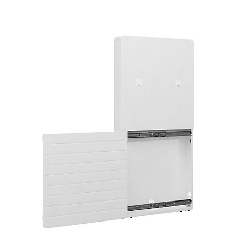 Weißes, rechteckiges Wandregal mit Schublade. Die Schublade ist teilweise geöffnet, mit horizontalen Linien auf der Vorderseite.