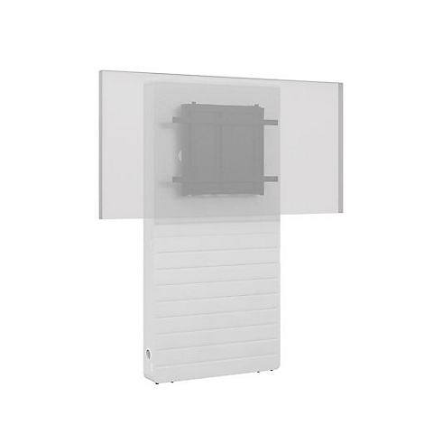 Ein weißer Heizkörper mit horizontalen Lamellen, vor einer Montageplatte für einen Fernseher. Das Design ist modern und minimalistisch.