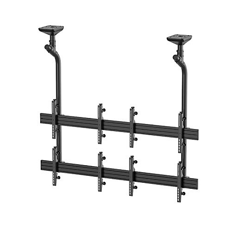 Schwarze Deckenhalterung für Bildschirme. Zwei vertikale Stangen verbinden Deckenplatten mit horizontalen Halterungen.