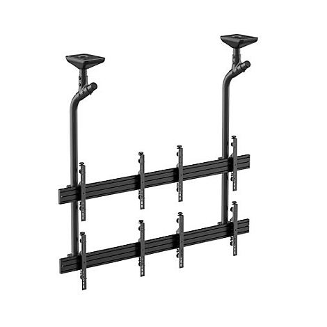 Schwarze Deckenhalterung für Bildschirme. Zwei vertikale Stangen, verbunden mit waagerechten Halterungen. Auf weißem Hintergrund.