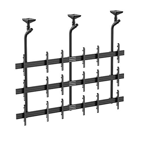 Schwarze Deckenhalterung für Bildschirme, mit mehreren horizontalen Trägern.