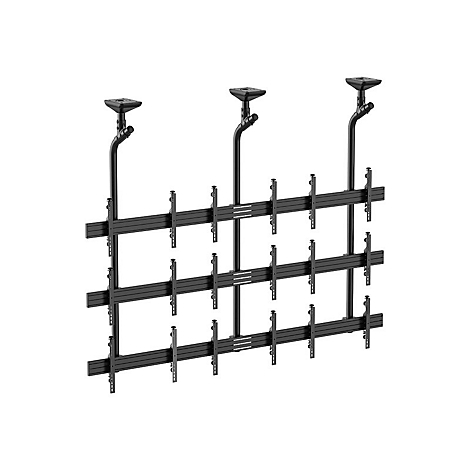 Schwarze Deckenhalterung für mehrere Bildschirme, aus Stahl gefertigt. Die Halterung zeigt mehrere horizontal und vertikal ausgerichtete Halterungen.