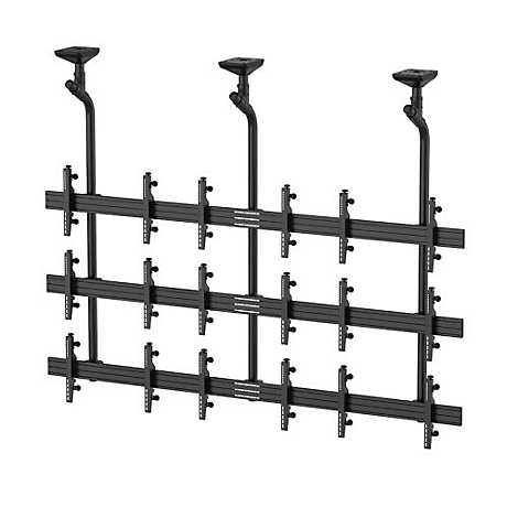 Schwarze Deckenhalterung für Bildschirme. Mehrere Bildschirme an den Halterungen befestigt.