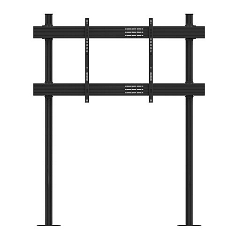 Schwarzer TV-Ständer, modular aufgebaut. Zwei hohe Standbeine tragen eine horizontale Rahmenkonstruktion.