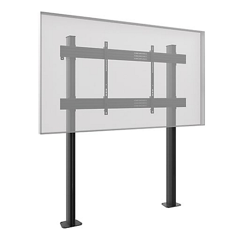 Schwarzer TV-Ständer mit integrierter Halterung. Die Montageplatte ist transparent dargestellt.