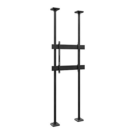 Schwarze TV-Halterung, die an Decke und Boden befestigt ist. Sie besteht aus zwei Säulen, die durch Halterungen verbunden sind.