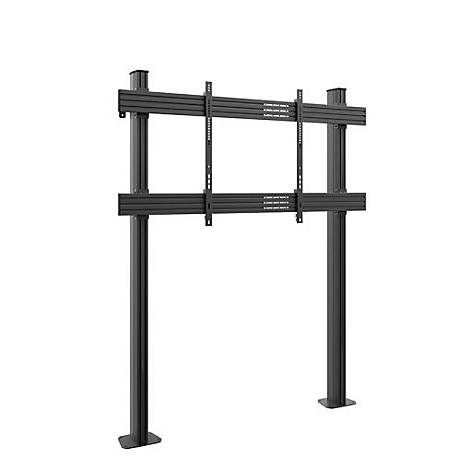 Schwarze TV-Halterung, bestehend aus zwei Säulen, die durch horizontale Balken verbunden sind. Halterung für den Bildschirm.