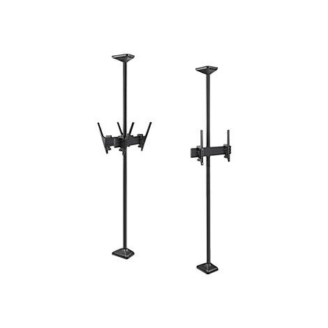 Zwei schwarze Deckenhalterungen für Fernseher. Jede Halterung hat eine Säule, eine quadratische Basis und eine Halterung für den Fernseher.