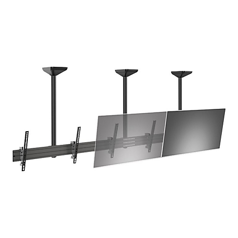 Deckenhalterung mit zwei Bildschirmen. Schwarze Halterung, graue Bildschirme.